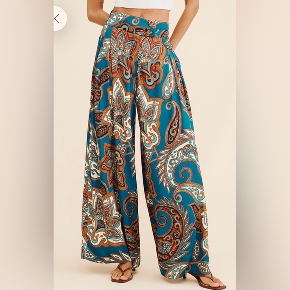 FARM Rio Pants - FARM Rio Teal & Brown Paisley Wide-Leg Palazzo Pants